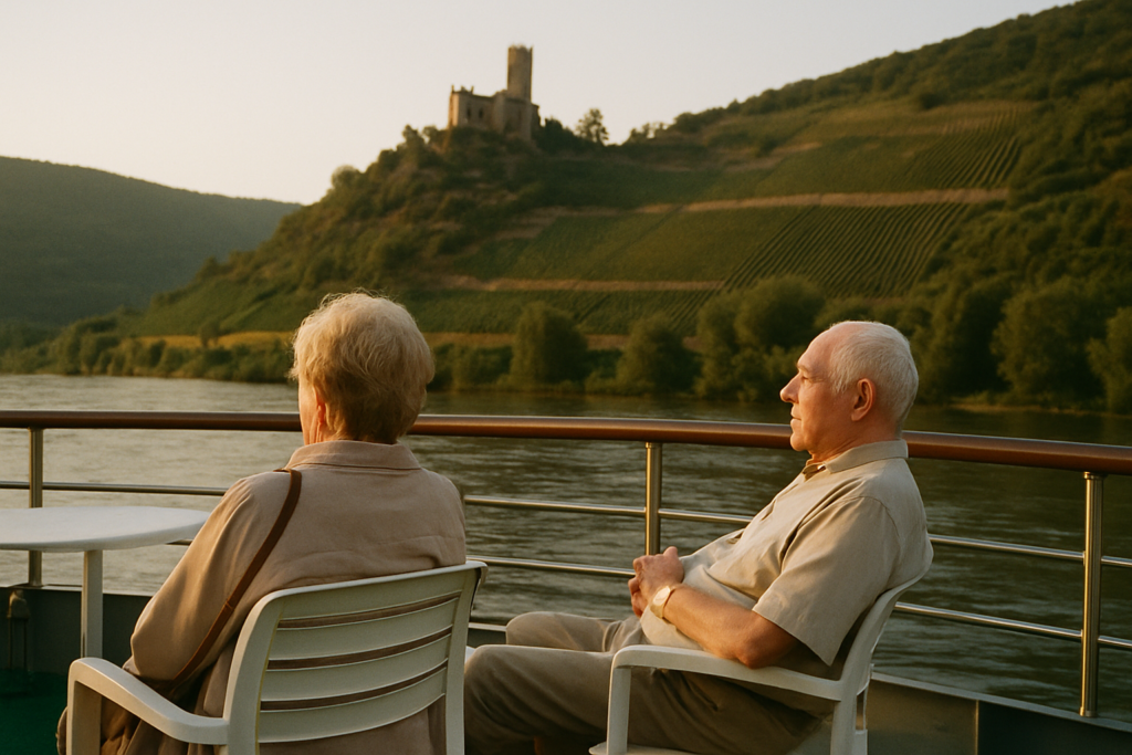 Aelteres Paar auf einer Flussschifffahrt am Rhein mit Burg