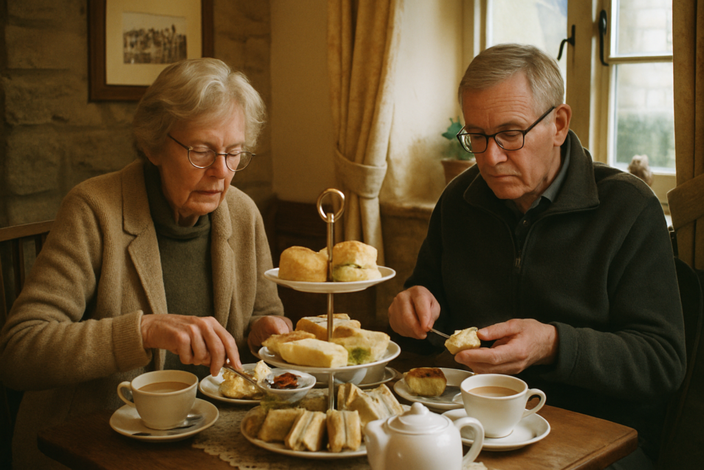 Aelteres Paar bei einem Afternoon Tea in England