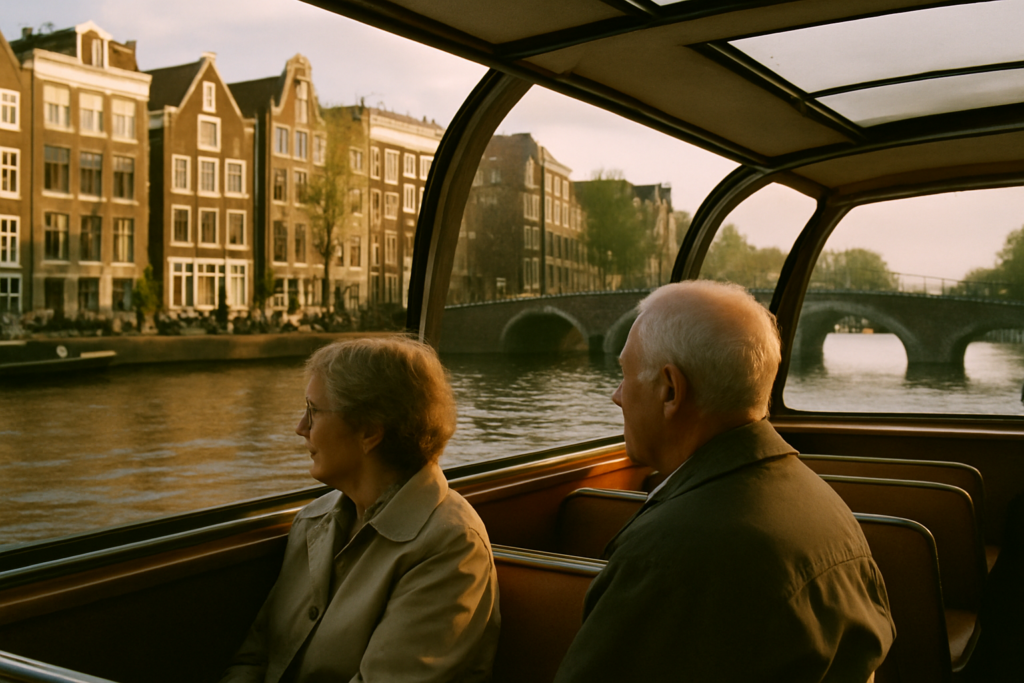 Aelteres Paar auf einer Grachtenrundfahrt in Amsterdam