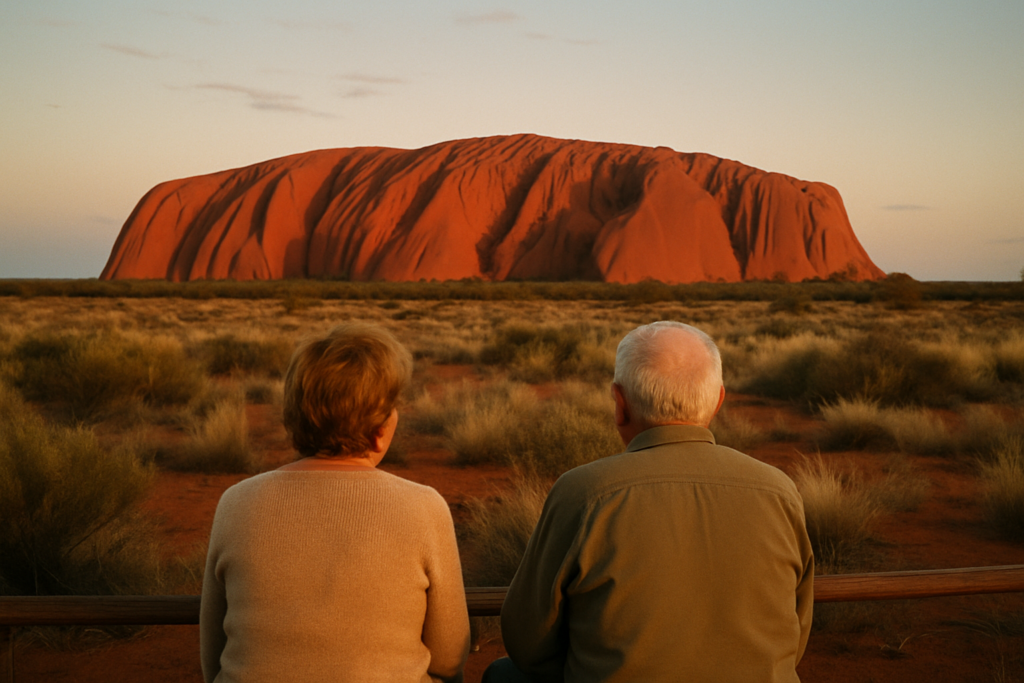 Älteres Paar beim Sonnenuntergang am Uluru im Outback