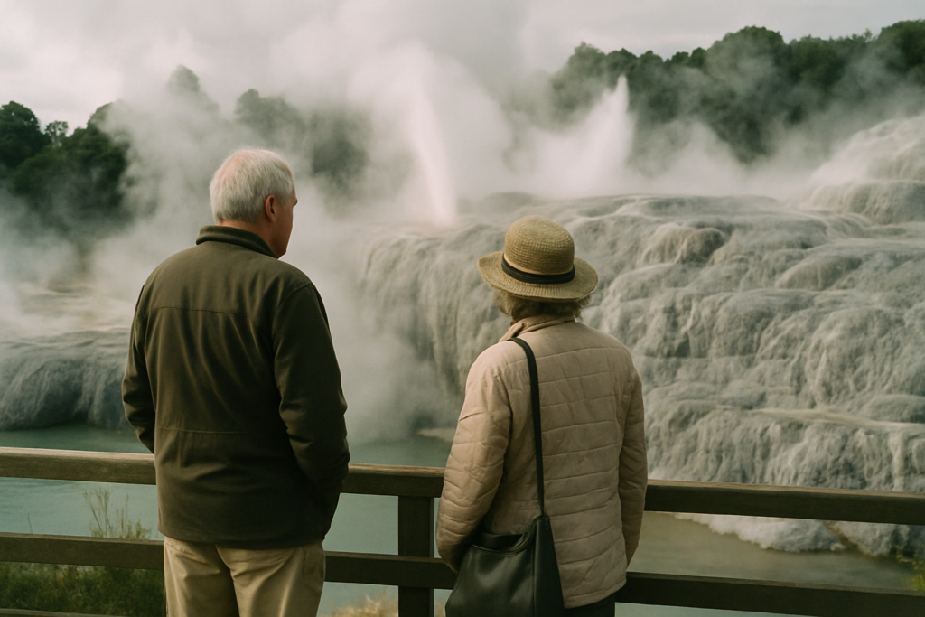 Älteres Paar an den dampfenden Geysiren von Rotorua