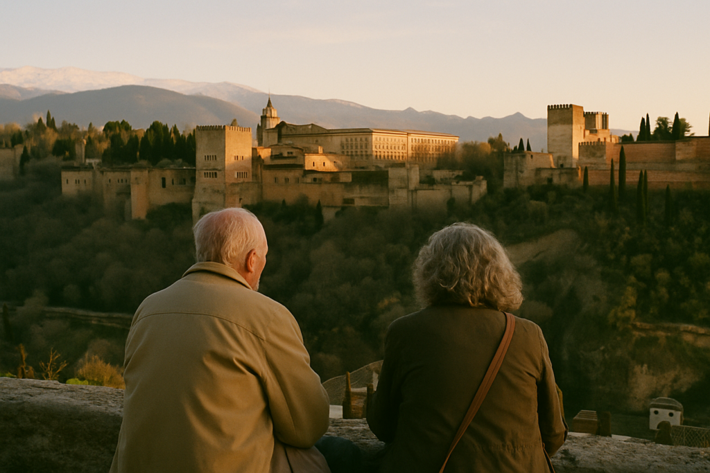 Älteres Paar mit Blick auf die Alhambra vom Mirador San Nicolás
