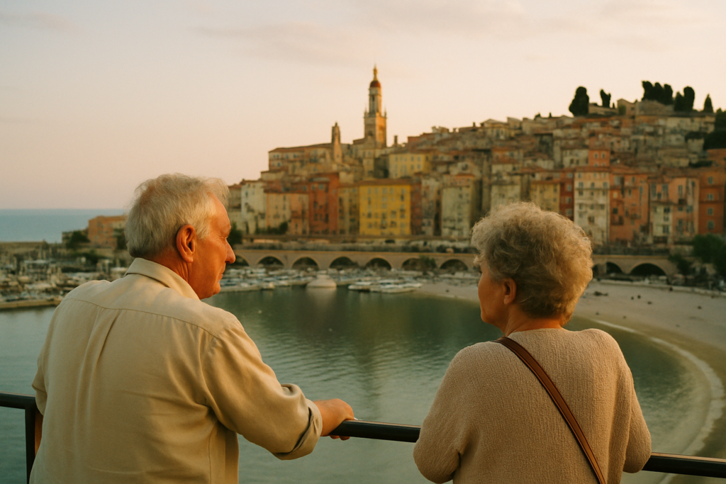 Älteres Paar mit Blick auf die Altstadt von Menton