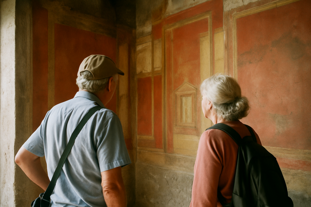 Älteres Paar vor römischen Fresken in Pompeji